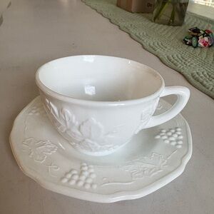 Corningware White Embossed Mug and Saucer Set